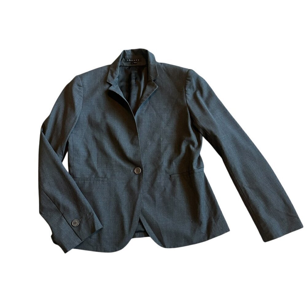 Theory Grey Button-Down Blazer Jacket Single Classic Fit Size 12 Women's